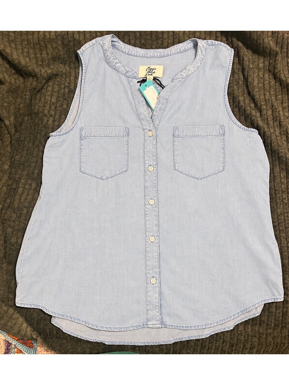 Cosmic Blue Love Chambray Sleeveless Button Down Top L NWT